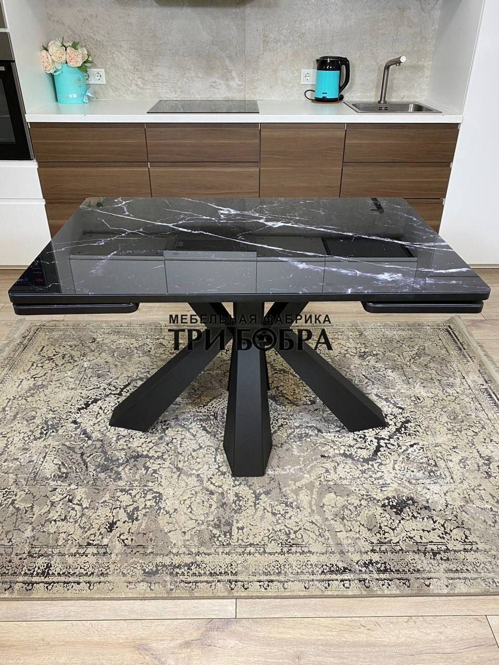 Кухонный раздвижной стол "Спайдер", чёрный мрамор