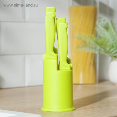 Набор кухонных ножей на подставке Доляна, 4 шт: 6 см, 9 см, 9 см, 11 см, на подставке, цвет МИКС (Цвет: не задано)