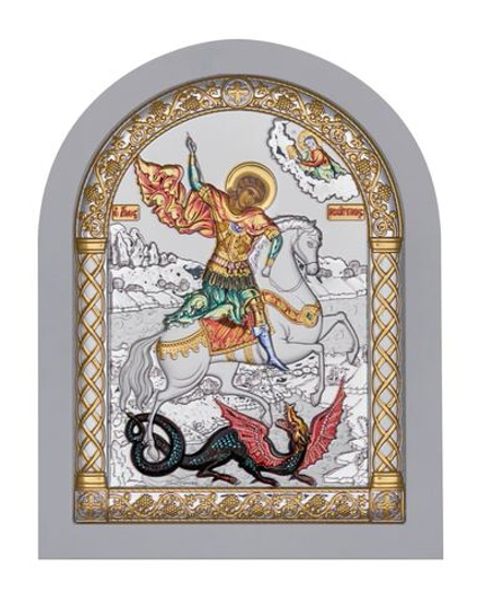 Георгий Победоносец, икона арочная, белое дерево, эмаль 175х225