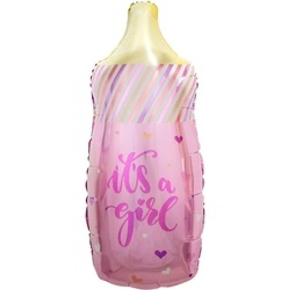 Шар (33"/84 см) Фигура, Бутылочка для малышки (сердечки), Розовый 1 шт.