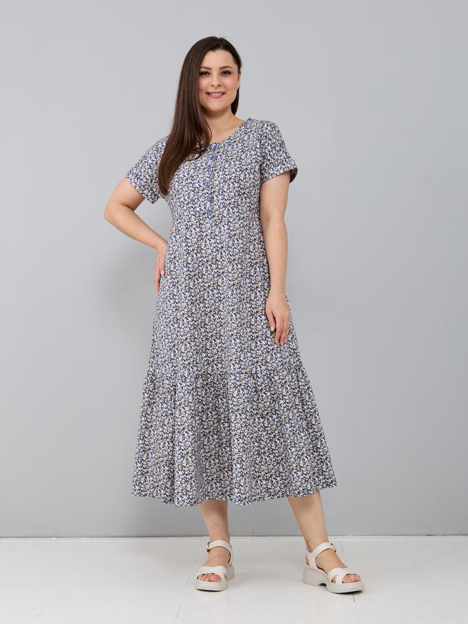 Платье П-032/индиго-цветочкибежевые