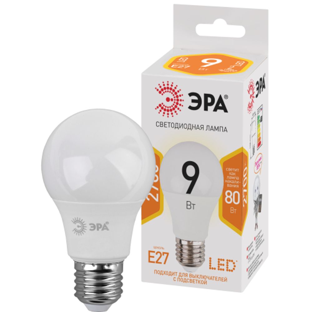 Лампа светодиодная ЭРА STD LED A60-9W-827-E27 9Вт груша теплый белый свет Е27 | Лампы cветодиодные Груша (A)