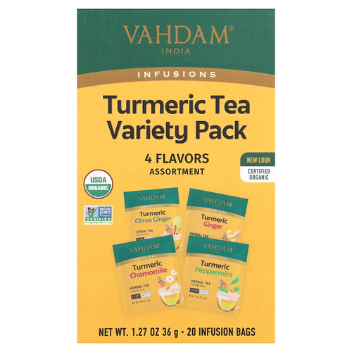 VAHDAM India, Infusions, травяной чай, набор из куркумы, без кофеина, 20 пакетиков для заваривания, 36 г (1,27 унции)