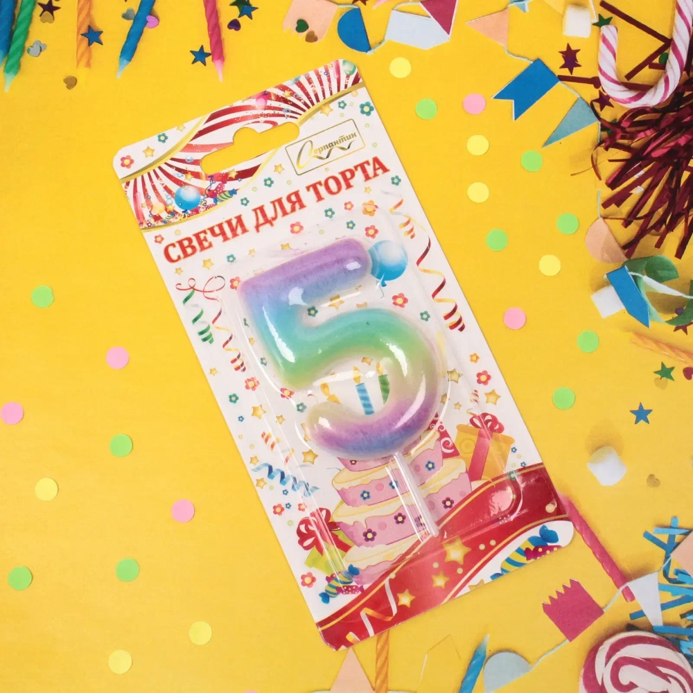 Свеча для торта Цифра Радуга «5» 6*4 см