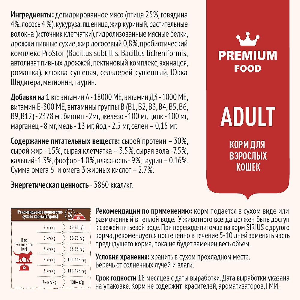 Полнорационный сухой корм SIRIUS PREMIUM для взрослых кошек, Мясной рацион, Пакет 1,5 кг
