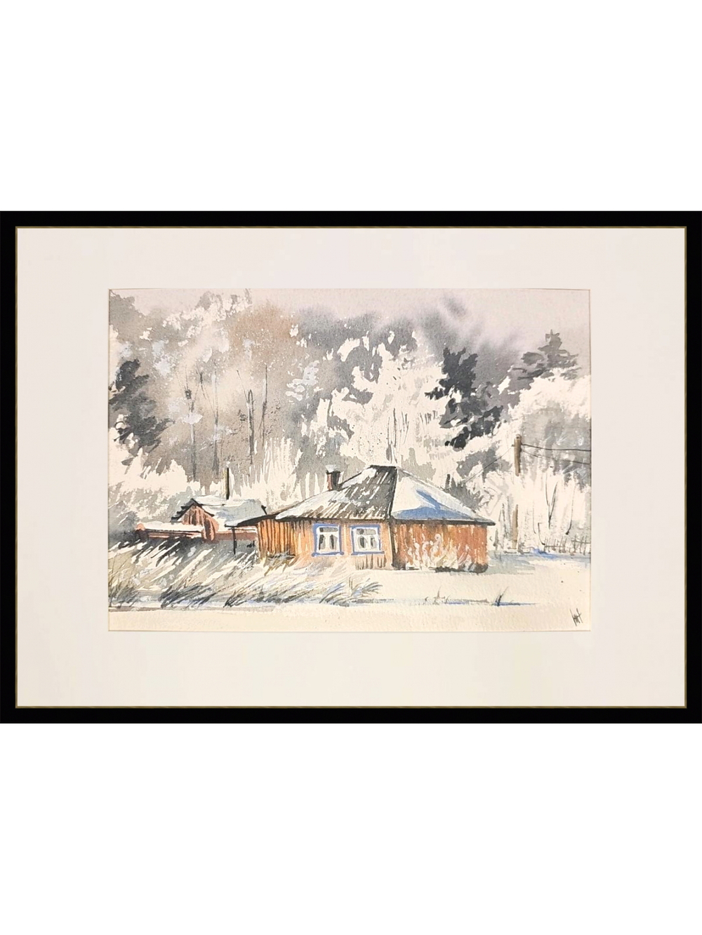 Картина авторская акварельная в паспарту 21*30 см на стену для интерьера "Зима"