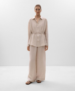 Oysho Длинная льняная рубашка, песочный меланж