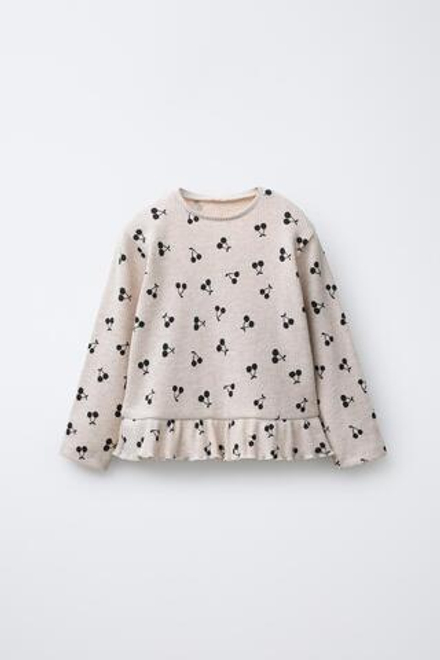 ZARA ФУТБОЛКА С ПРИНТОМ И ОБОРКОЙ ИЗ МЯГКОЙ ТКАНИ, ПЕСОЧНЫЙ МЕЛАНЖ