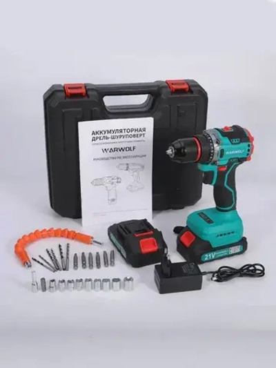 Дрель-шуруповерт аккумуляторный бесщеточный 21В, в кейсе, 2 АКБ 2.0 а/ч, многофункциональный 80 H/M для долбления, сверления, закручивания