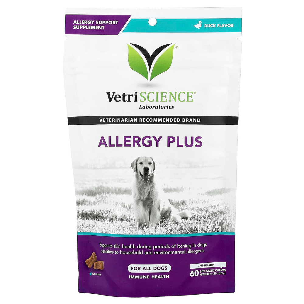 Vetriscience, Allergy Plus, для всех собак, утка, жевательные таблетки на размер 60, 120 г (4,23 унции)