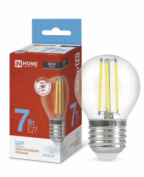 Лампа светодиодная LED-ШАР-deco 7Вт 230В Е27 6500К ХОЛОДНЫЙ 810Лм прозрачная IN HOME