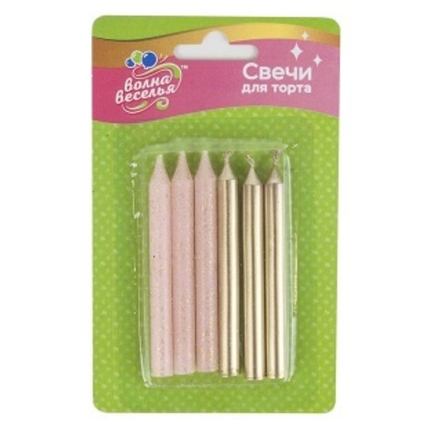 Свечи Золото/Розовый, Металлик, с блестками, 0,8*8 см, 6 шт. с держат.