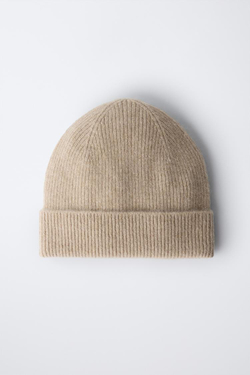 ZARA ШАПКА В РУБЧИК ИЗ 100% КАШЕМИРА, ПЕСОЧНЫЙ