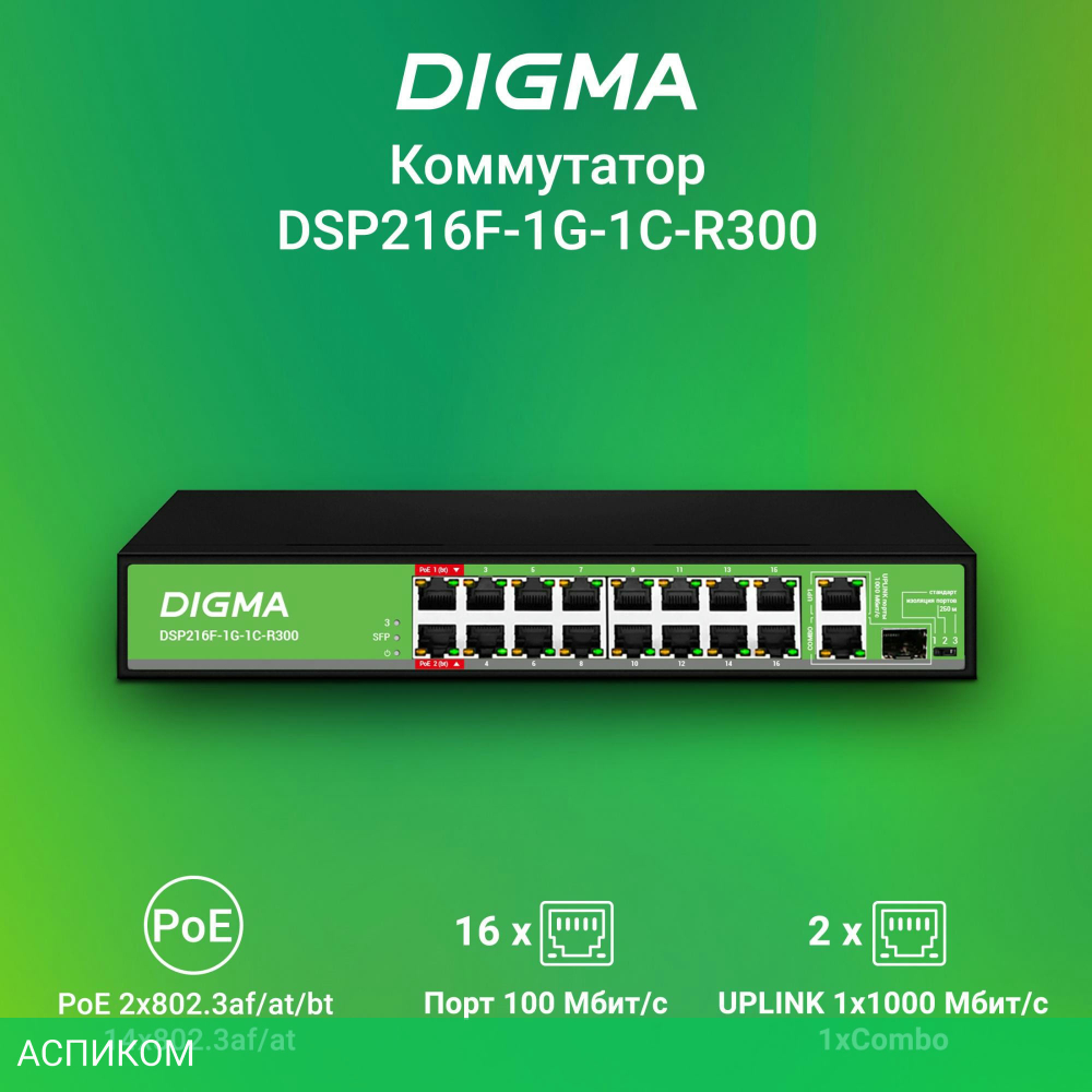 Коммутатор Digma DSP216F-1G-1C-R300