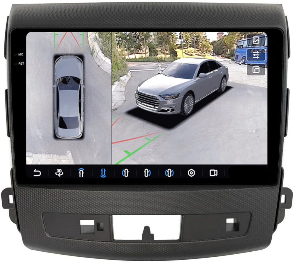 Магнитола для Mitsubishi Outlander XL, Peugeot 4007, Citroen C-Crosser (перфорированная рамка) - FarCar BX9-360-8007P монитор 9.5" 2K QLED на Android 13, 6Гб+128Гб, CarPlay, 4G SIM-слот, 4 камеры в комплекте