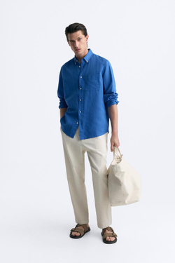 ZARA РУБАШКА ИЗ СМЕСОВОГО ЛЬНА, ЯРКО-СИНИЙ