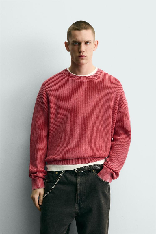 ZARA СВИТЕР В РУБЧИК С ЭФФЕКТОМ ПОТЕРТОСТИМ, КРАСНЫЙ