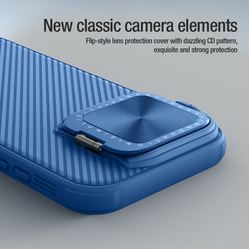 Чехол синего цвета от Nillkin с металлической откидной крышкой для камеры на iPhone 16 Pro, серия CamShield Prop Case