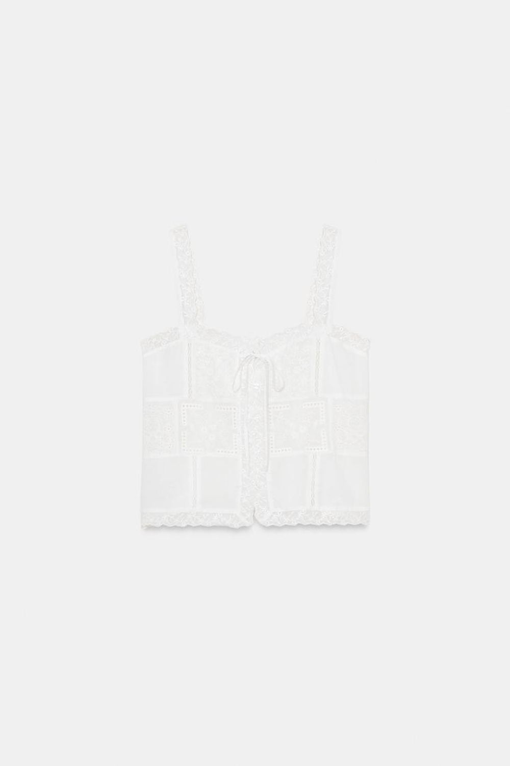 ZARA ТОП С ВЫШИВКОЙ НА БРЕТЕЛЯХ, ЖЕЛТОВАТО-БЕЛЫЙ