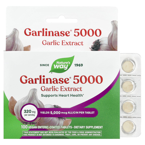 Nature's Way, Garlinase® 5000, экстракт чеснока, 320 мг, 100 веганских таблеток с кишечнорастворимой оболочкой