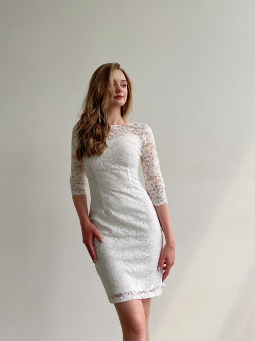 Свадебное платье со съемной юбкой из шифона и длинными рукавами из кружева (молочный)