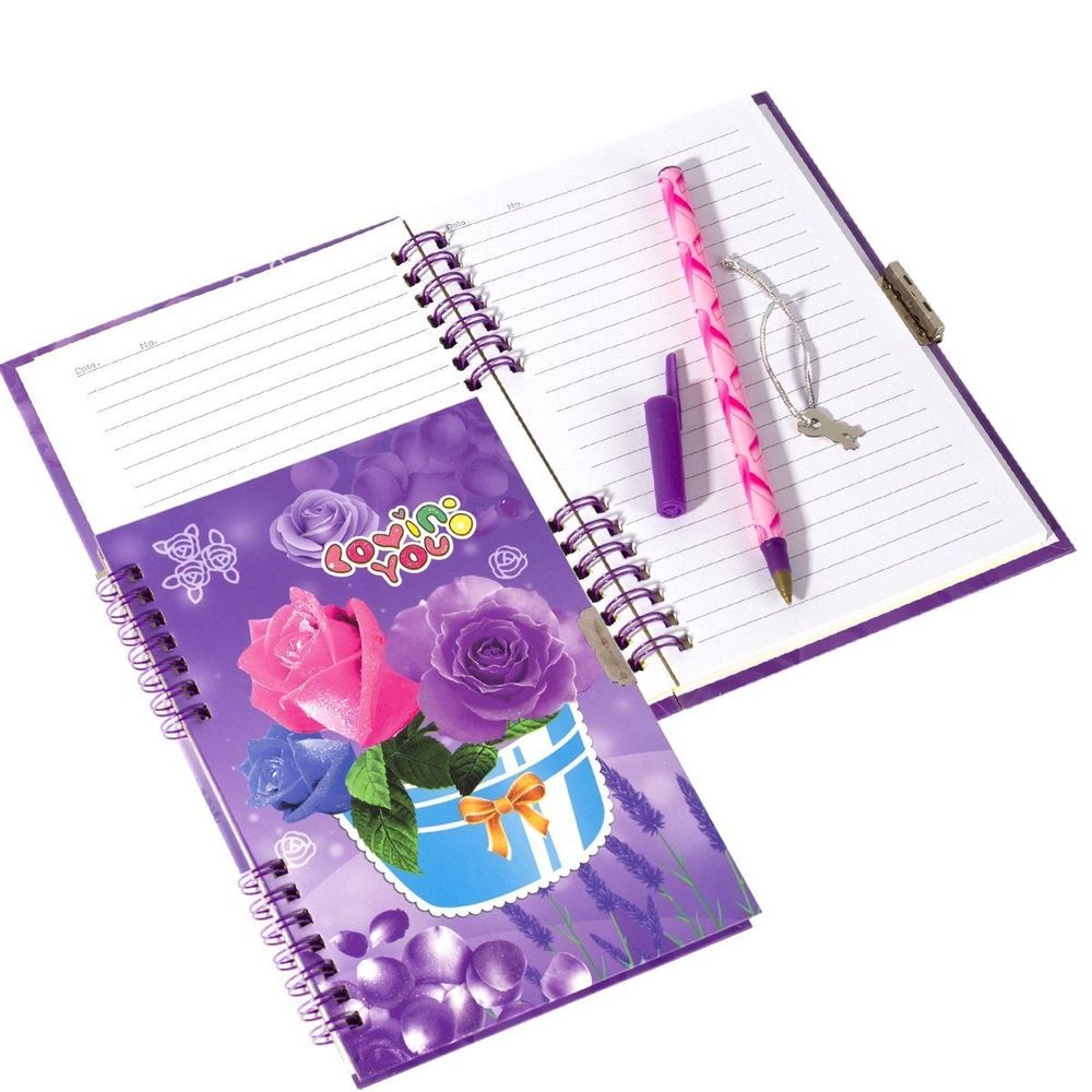Блокнот в футляре 20 см * 23 см, гребень, Alingar, ламинация, глиттер, замочек, ручка, 42 л., линия, &quot;Розы в корзине&quot;, сиреневый