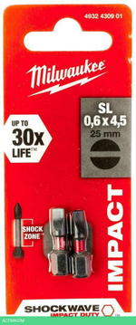 Бита Milwaukee Shockwave SL0.6x4.5 25мм 2шт (4932430901)