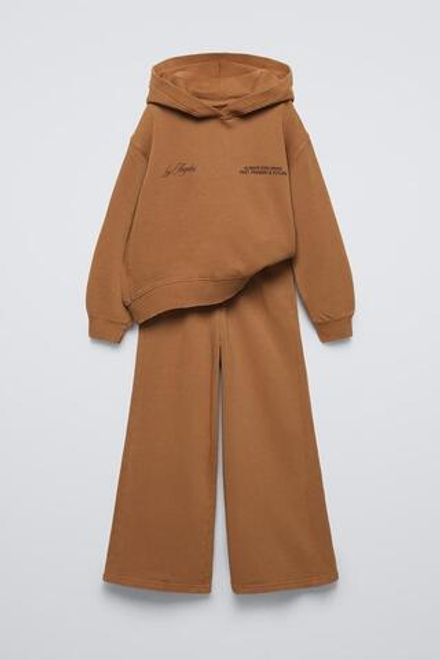 ZARA КОМПЛЕКТ ИЗ ХУДИ И БРЮК WIDE LEG ИЗ МЯГКОЙ ТКАНИ, СВЕТЛО-КОРИЧНЕВЫЙ