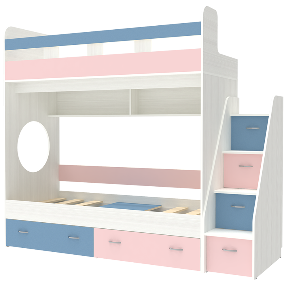 Двухъярусная кровать КарИВи Юниор 1 80х190 Белое Дерево Голубой, Розовый