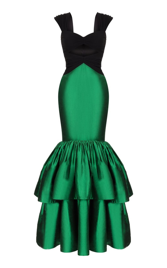 Платье макси драпированное из крепа с объемной юбкой из шелка