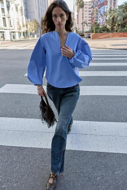 ZARA РУБАШКА ИЗ ПОПЛИНА С ОБЪЕМНЫМИ РУКАВАМИ, ГОЛУБОЙ
