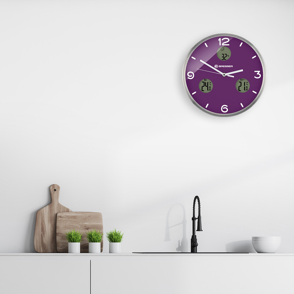 Часы настенные Bresser MyTime io NX Thermo/Hygro, 30 см, фиолетовые