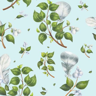Перья и зеленые веточки на голубом