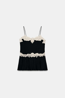 ZARA ТОП С КОНТРАСТНЫМ КРУЖЕВОМ — ZW COLLECTION, БЕЛЫЙ/ЧЕРНЫЙ