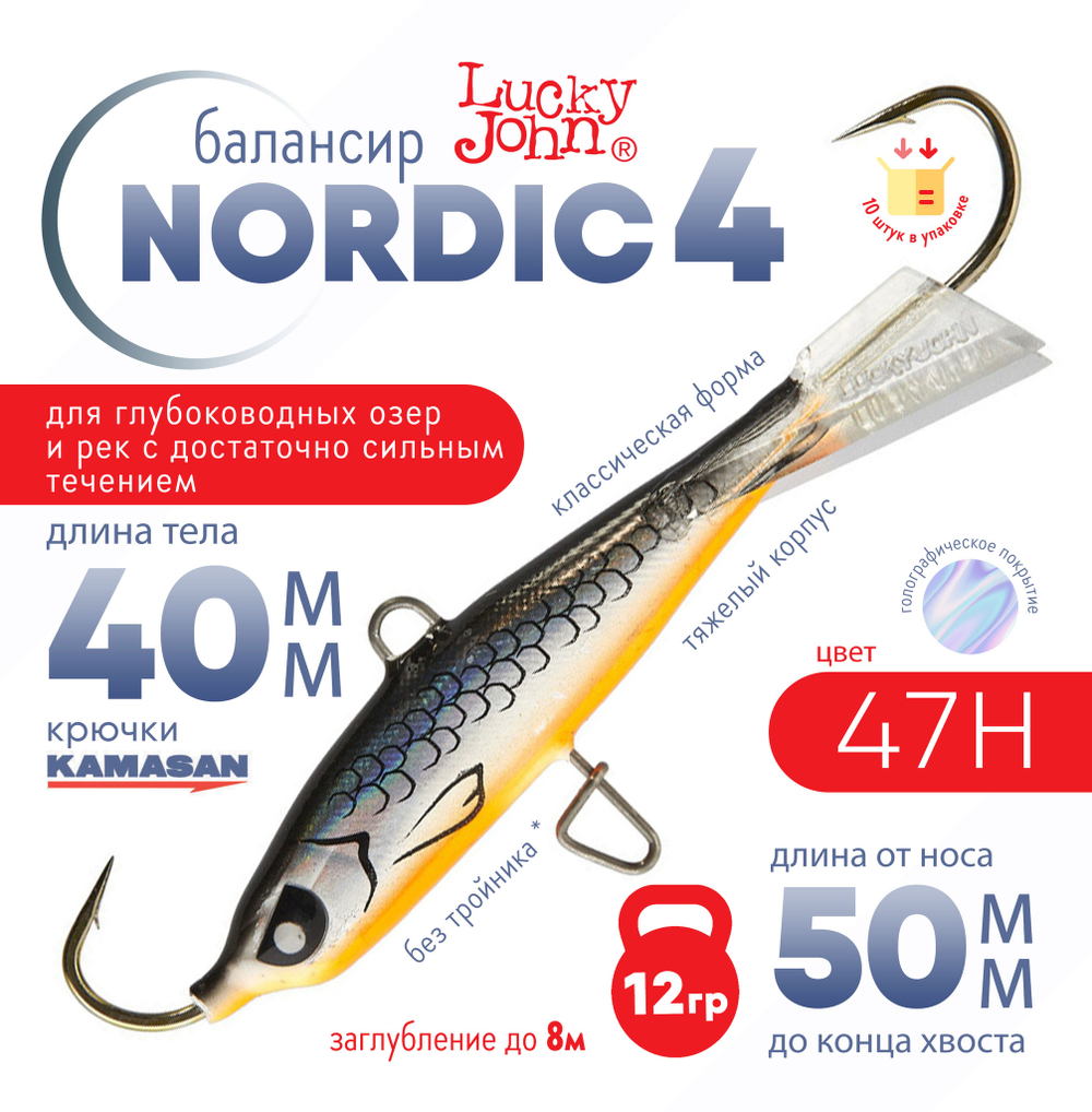 Балансир Lucky John Nordic №4 без тройника (40мм, 12гр), 10шт/уп