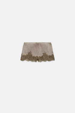 ZARA ШОРТЫ С ЭФФЕКТОМ ПОТЕРТОСТИ И КРУЖЕВОМ, КОРИЧНЕВЫЙ
