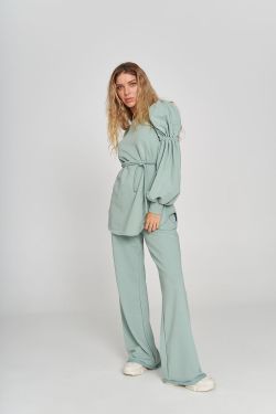 Брюки клеш из футера в цвете холодная мята