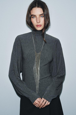 ZARA ФУТБОЛКА С ВОРОТНИКОМ-СТОЙКОЙ, СЕРЫЙ