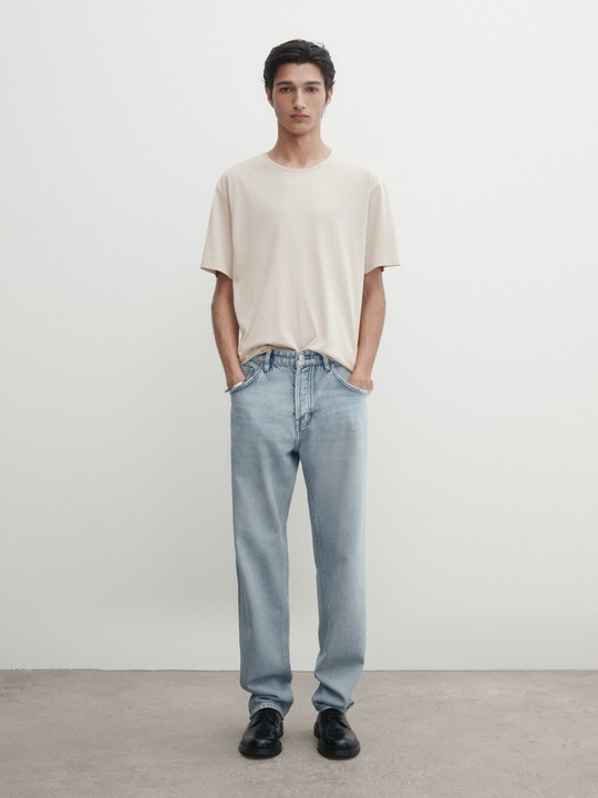 Massimo Dutti Хлопковая футболка с короткими рукавами, натуральный, кремовый