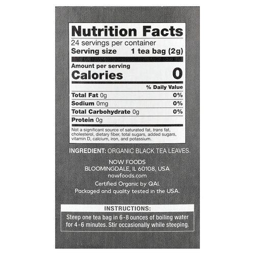 NOW Foods, Органический черный чай, 24 чайных пакетика, 48 г (1,7 унции)