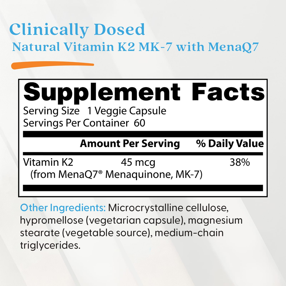 Doctor's Best, натуральный витамин K2 MK-7 с MenaQ7, 45 мкг, 60 вегетарианских капсул