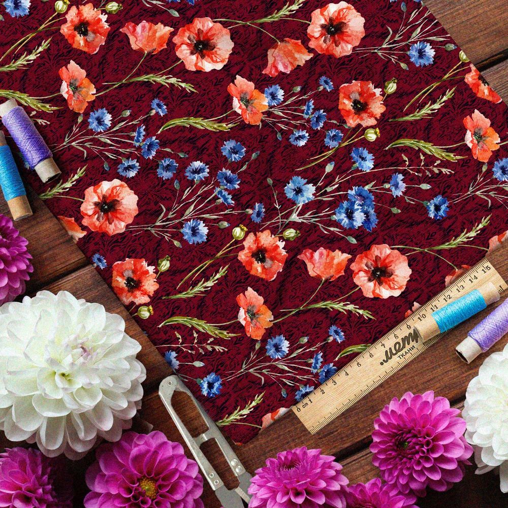 Ткань дюспо маки и васильки на бордовом фоне