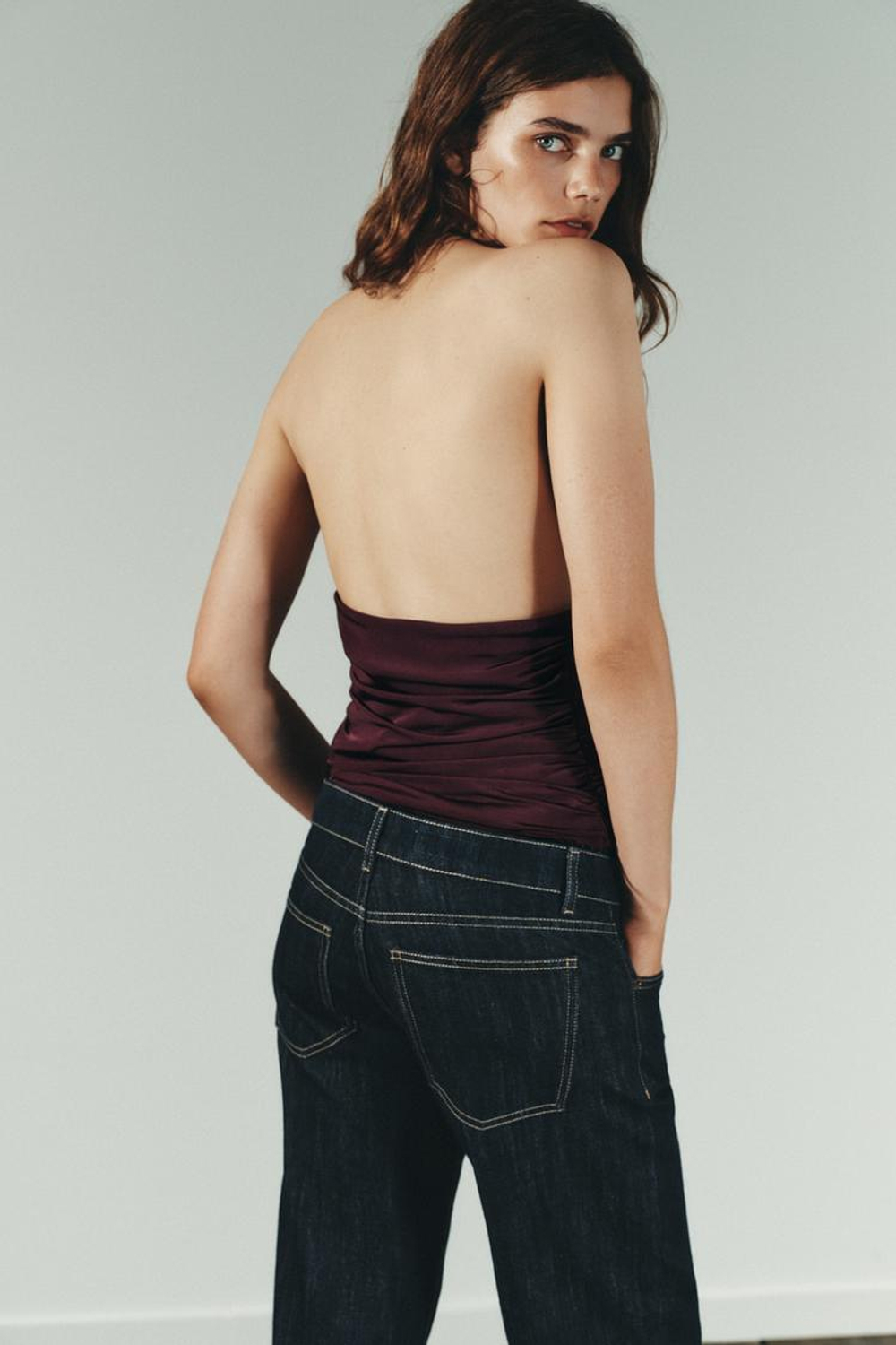 ZARA БОДИ ДРАПИРОВАННОЕ С ДЕКОРОМ НА ШЕЕ, БОРДОВЫЙ