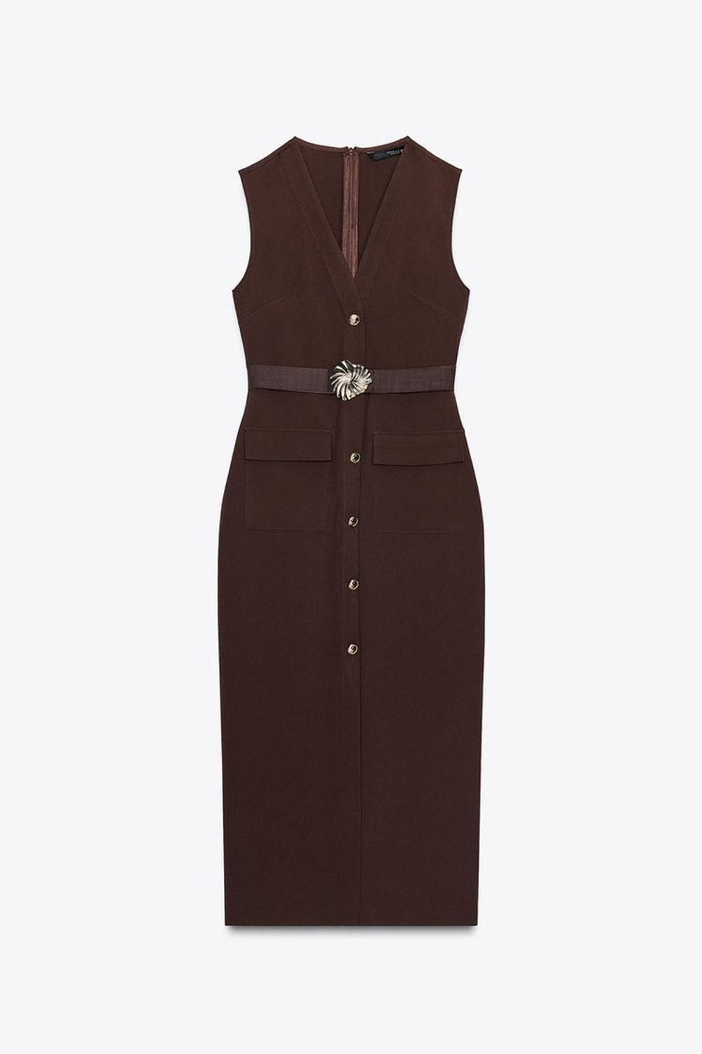 ZARA ПЛАТЬЕ-МИДИ ИЗ КРЕПА С ПОЯСОМ, КОРИЧНЕВЫЙ