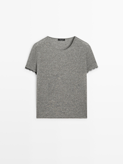 Massimo Dutti Футболка с V-образным вырезом и кружевной отделкой, серый меланж