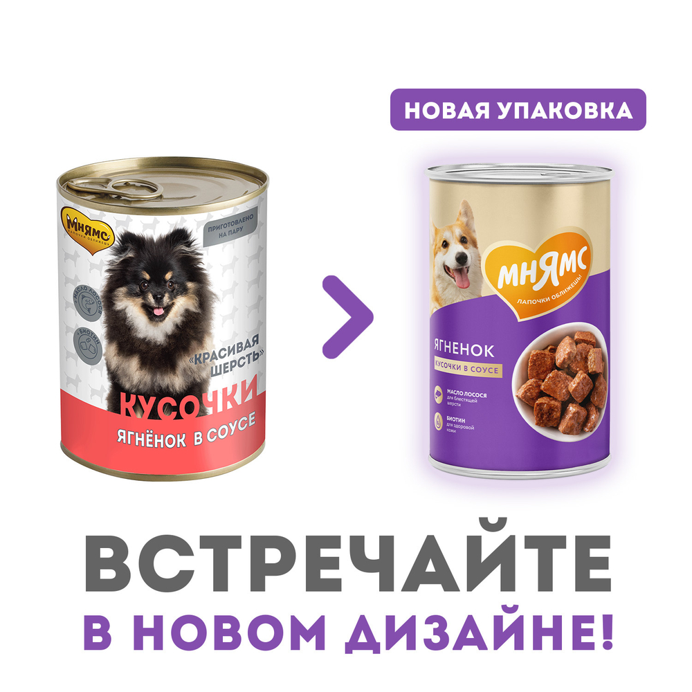 Влажный корм Мнямс Кусочки в соусе с ягненком для собак всех пород «КРАСИВАЯ ШЕРСТЬ» 400 г