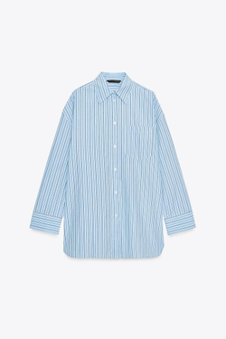 ZARA ПОПЛИНОВАЯ РУБАШКА OVERSIZE В ПОЛОСКУ, МОРСКОЙ ЯРКО-СИНИЙ