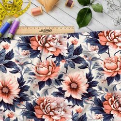 Ткань премиум сатин пионы на синих листьях