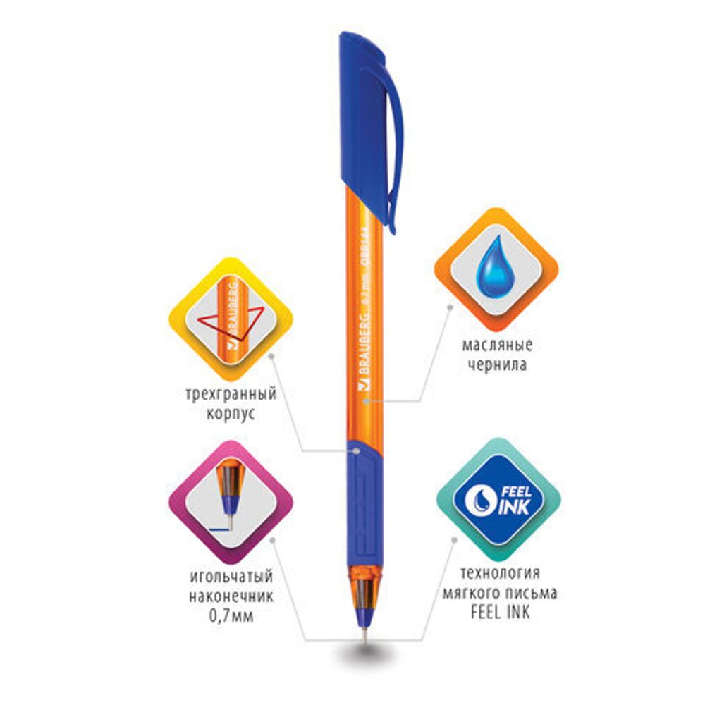 Ручка шариковая масляная BRAUBERG "Extra Glide GT Tone Orange", СИНЯЯ, узел 0,7 мм, линия письма 0,35 мм, 142923