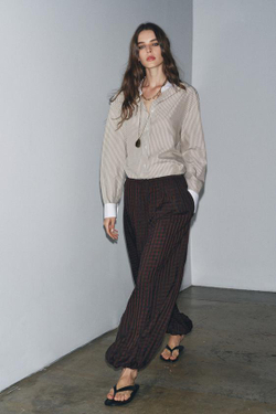 ZARA БРЮКИ-БАГГИ В КЛЕТКУ ВИШИ — ZW COLLECTION, ТЕМНО-БОРДОВЫЙ